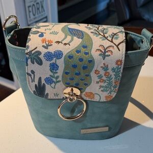Teal Bucket Crossbody Bag with Peacock Print Flap